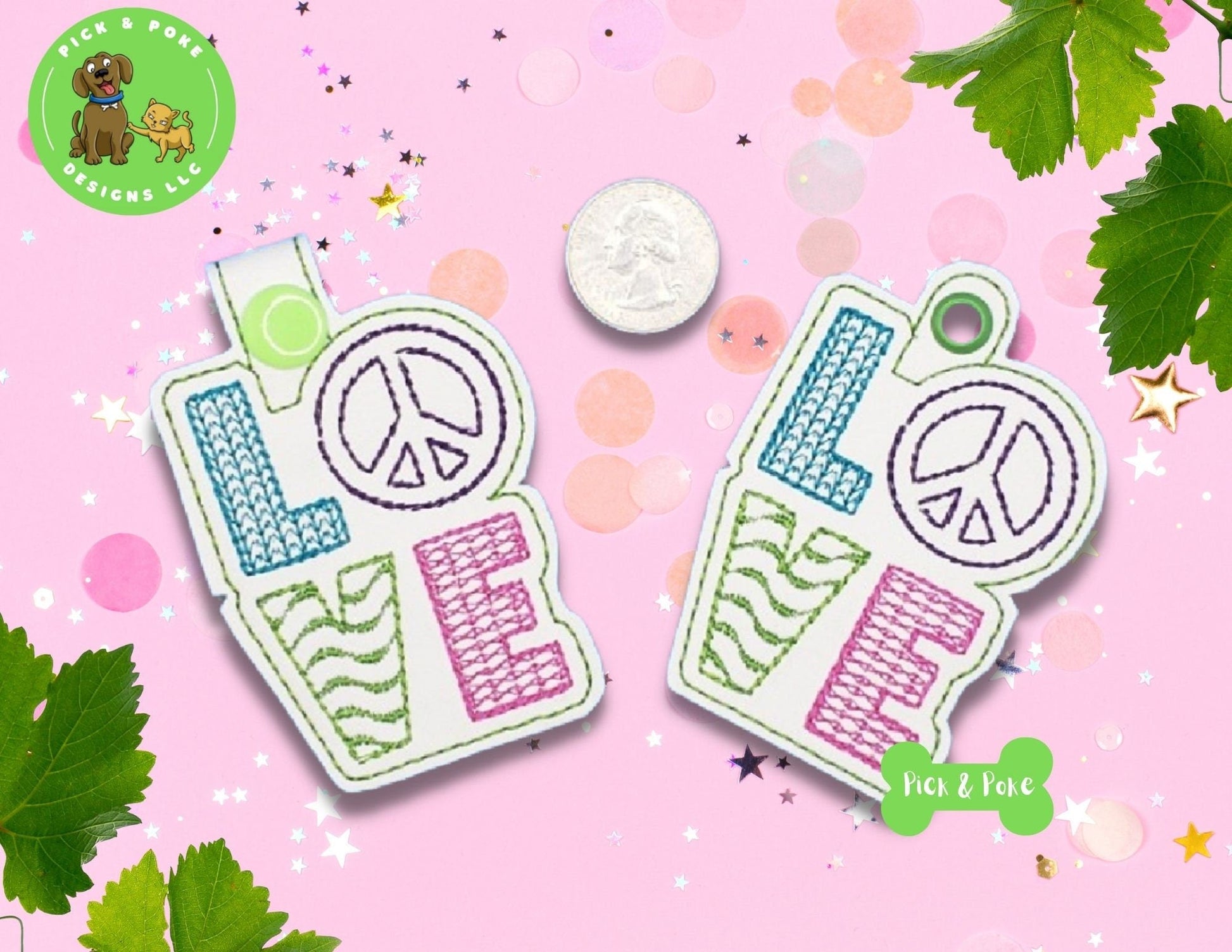 In the Hoop Embroidery Project Hippie Love Peace Sign / Snap Tab and Eyelet Key Fob Set / Gift Tag / Digital File / Instant DOWNLOAD / ITHPick and Poke Designs