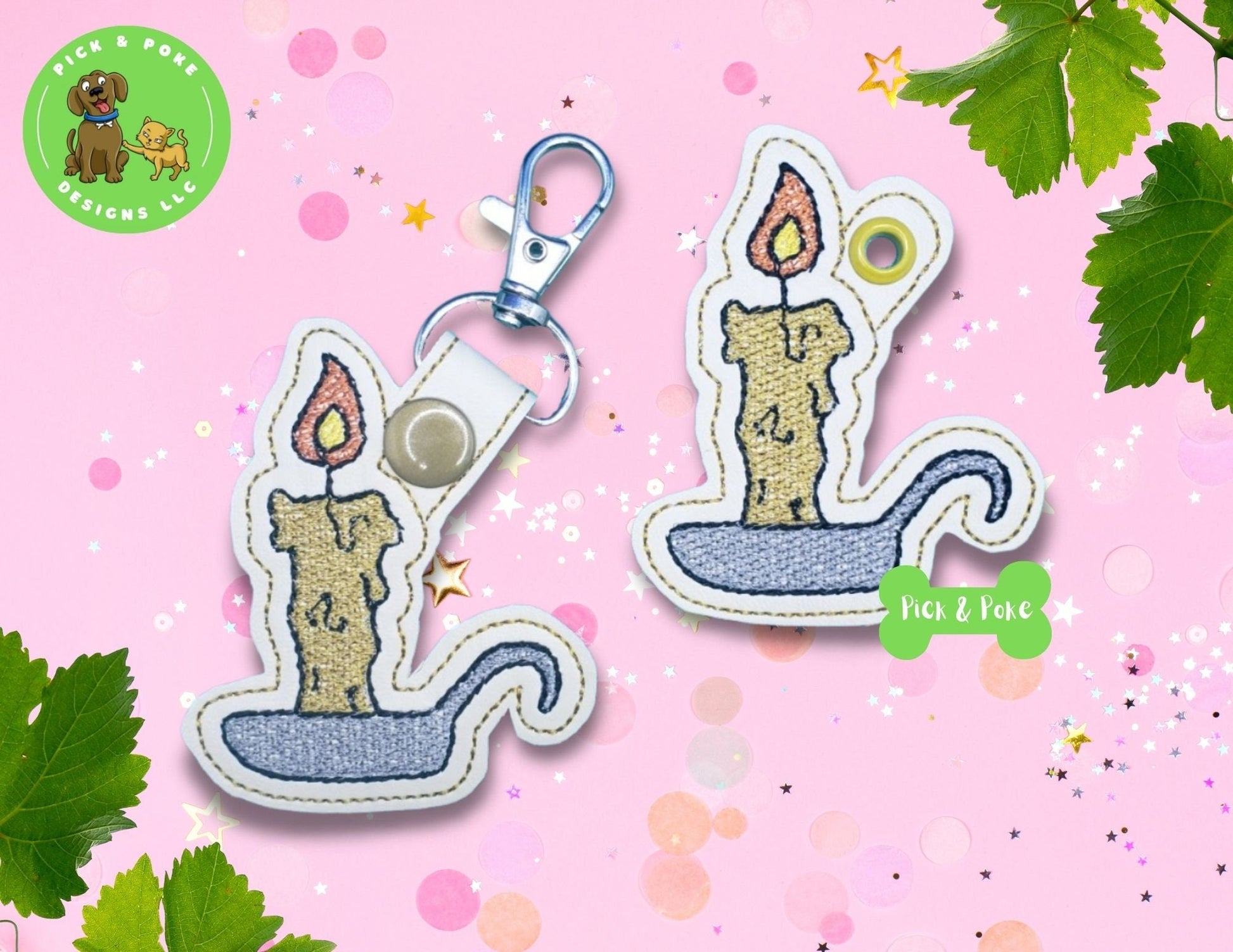 In the Hoop Embroidery Project Spooky Candle Flame / Snap Tab and Eyelet Key Fob / Gift Tag / Digital File / Instant DOWNLOAD / ITH SetPick and Poke Designs