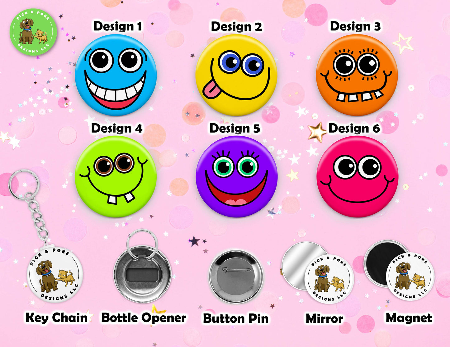 Colorful and Goofy Smiles | Button Pin, Keychain, Magnet, Bottle Opener, or Mirror | 2.25-inch Size | Made to Order