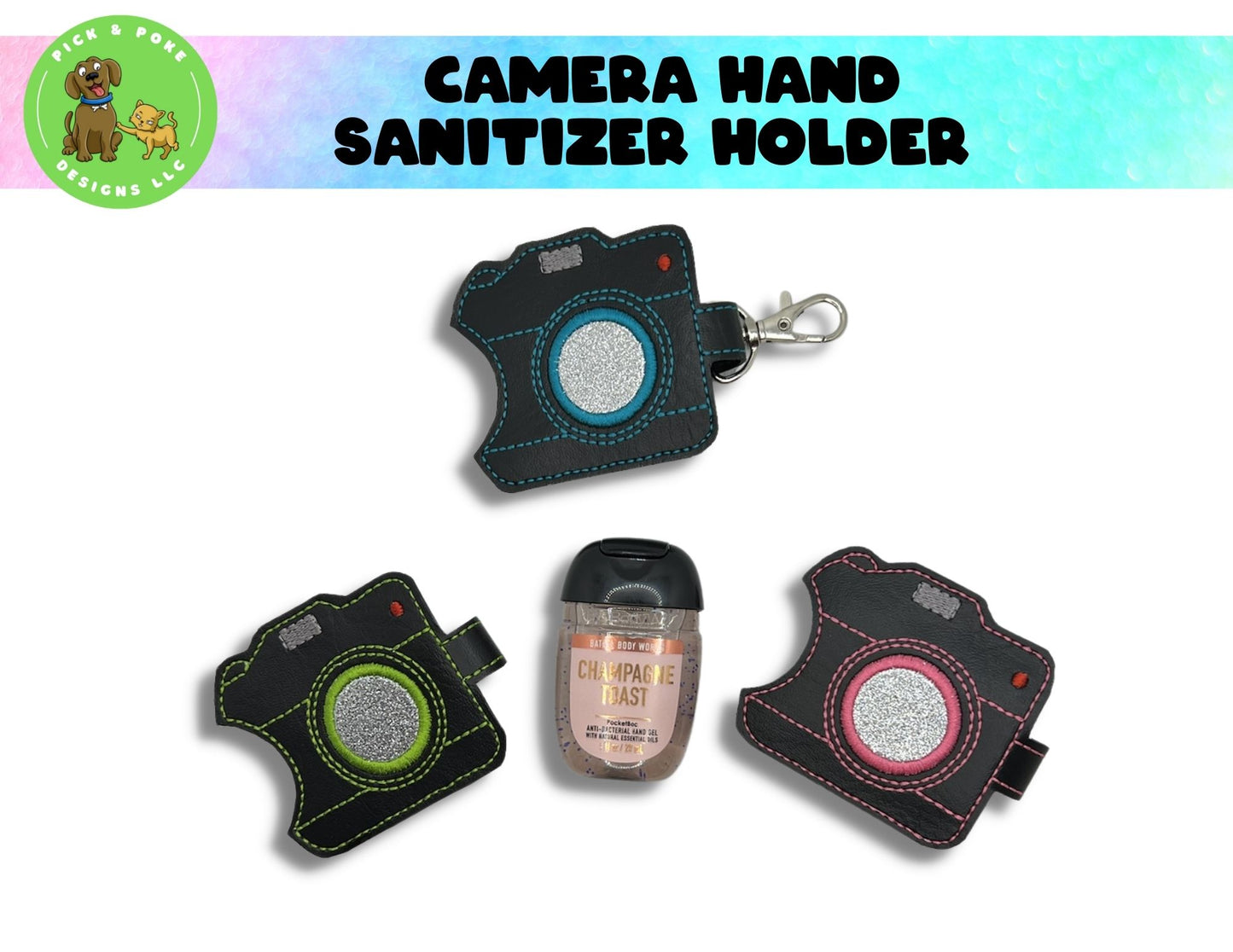 Retro camera hand sanitizer case has a lobster claw keychain clip for attaching to keys or purse