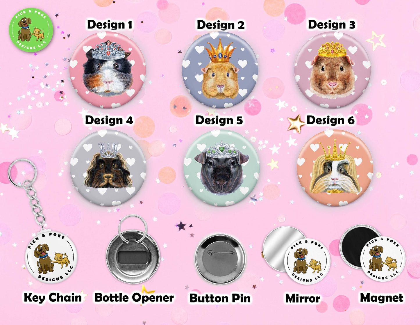 Guinea Pig Wearing Crown Button | 2.25-inch Round Size | Metal Pin Back Design | Made to Order