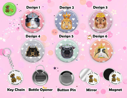 Guinea Pig Wearing Crown Button | 2.25-inch Round Size | Metal Pin Back Design | Made to Order