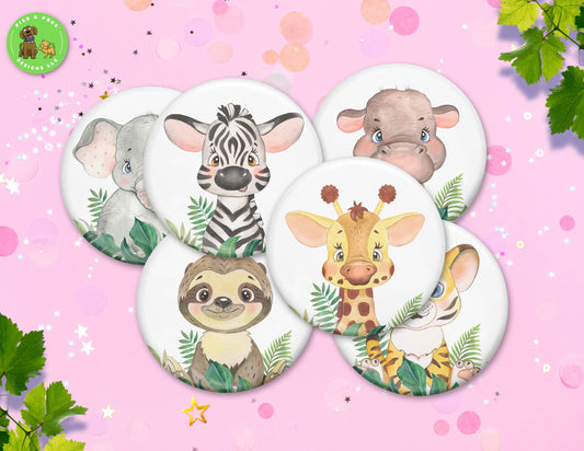 Cute Safari Baby Animals Watercolor Style Buttons | 2.25-inch Round Size | Metal Pin Back Design | Made to Order