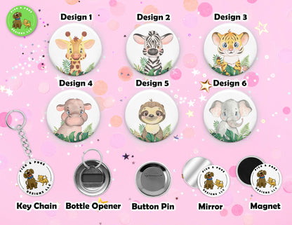 Cute Safari Baby Animals Watercolor Style Buttons | 2.25-inch Round Size | Metal Pin Back Design | Made to Order