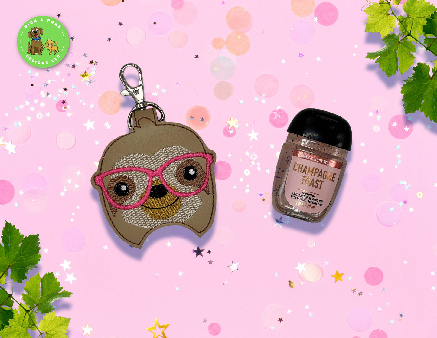 Cute Sloth Wearing Glasses Hand Sanitizer Holder Key Chain | Embroidered on Vinyl | Made to Order