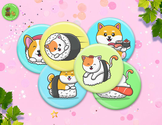 Cats, Corgis, and Shiba Inus Sushi Roll | Pinback Button, Key Chain, Magnet, Bottle Opener, or Mirror | 2.25-inch Size | Made to Order